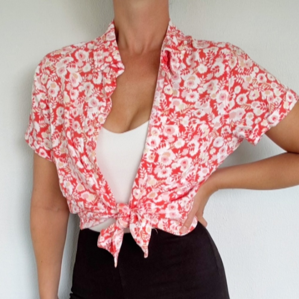 Croft & Barrow orange white tropical floral short sleeve button down medium